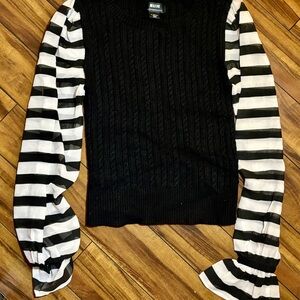 Maeve by Anthropologie Black Cable Knit Sweater with B&W Sheer Sleeves XS